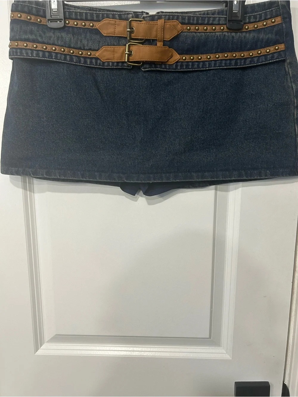 Edikted Dark Blue Denim Mini Skirt with Brown Studded Belt Detail